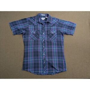 Sheplers Mens Western Fit Plaid Pearl Snap Shirt Purple Blue Short Sleeve Medium